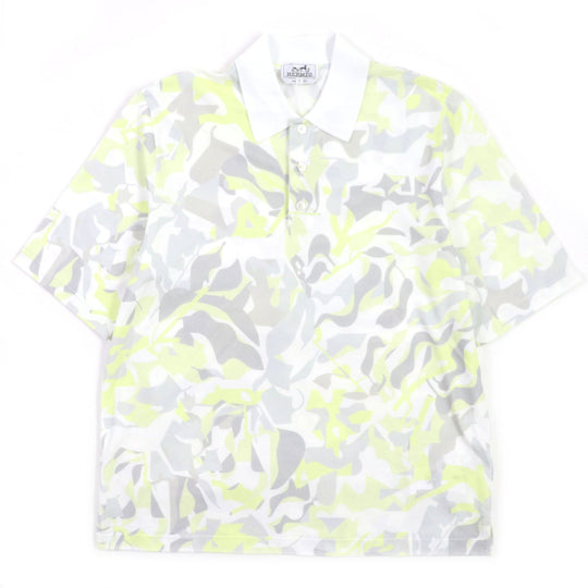 HERMES Short sleeve polo shirt Main: 100% cotton White Gray Yellow Panel Vegetal mens S Used Authentic