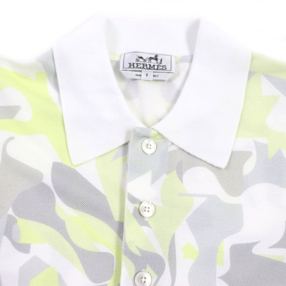 HERMES Short sleeve polo shirt Main: 100% cotton White Gray Yellow Panel Vegetal mens S Used Authentic
