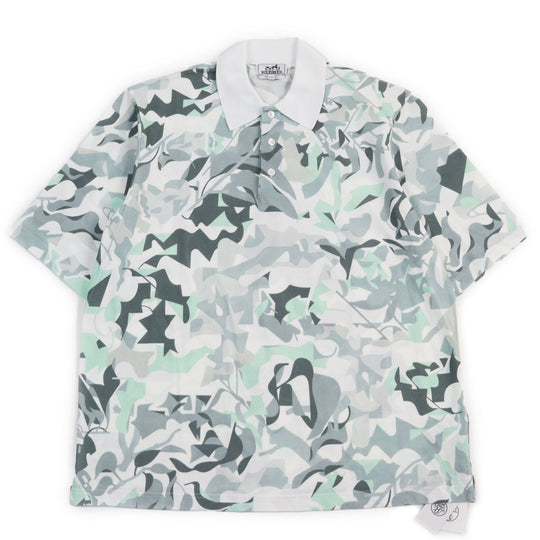 HERMES Short sleeve polo shirt Main: 100% cotton Gray Blue Puzzle Vegetal mens L Used Authentic