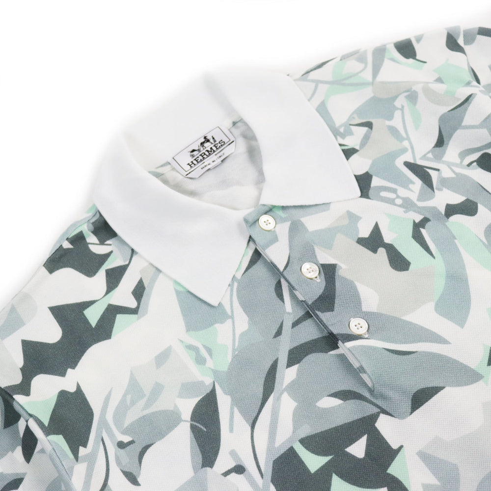 HERMES Short sleeve polo shirt Main: 100% cotton Gray Blue Puzzle Vegetal mens L Used Authentic