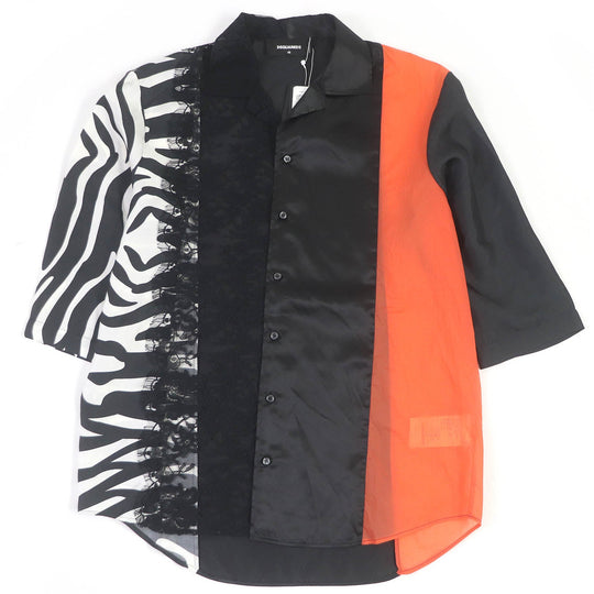 DSQUARED2 Short sleeve shirt S71DM0451 Lace: 70% cotton, 30% nylon Satin: 100% polyester Other fabric: 100% nylon Pattern: 100% silk Left sleeve: 100% polyester Black orange mens 46 Used Authentic