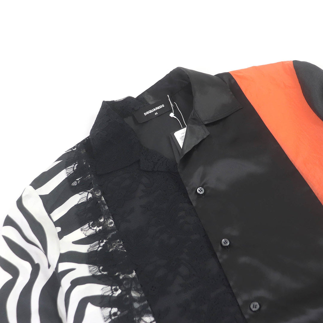 DSQUARED2 Short sleeve shirt S71DM0451 Lace: 70% cotton, 30% nylon Satin: 100% polyester Other fabric: 100% nylon Pattern: 100% silk Left sleeve: 100% polyester Black orange mens 46 Used Authentic