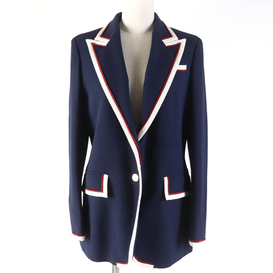 GUCCI tailored jacket 523859 Main: 97% rayon, Main: 3% polyurethane, Part: 100% polyester, Part: 50% cotton, Part: 50% rayon, Lining: 100% silk Navy Women 42 Used Authentic