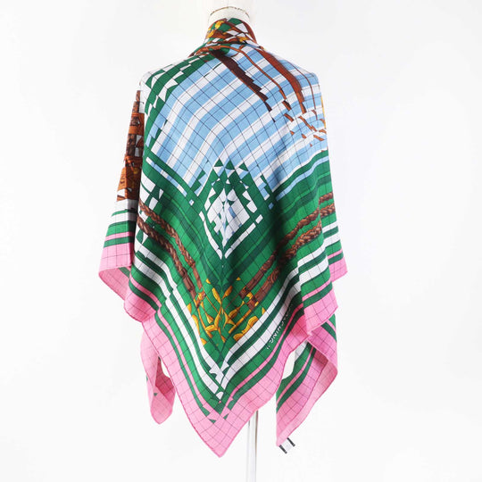HERMES scarf silk Rose Bonbon/Emerald Carre140 Caregean coaching deja vu Women Used Authentic