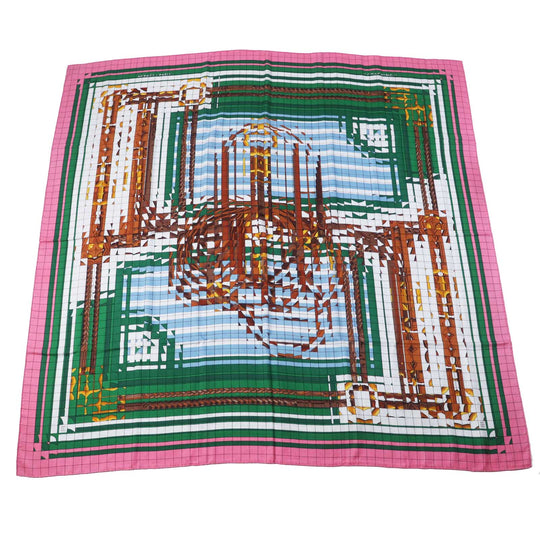 HERMES scarf silk Rose Bonbon/Emerald Carre140 Caregean coaching deja vu Women Used Authentic