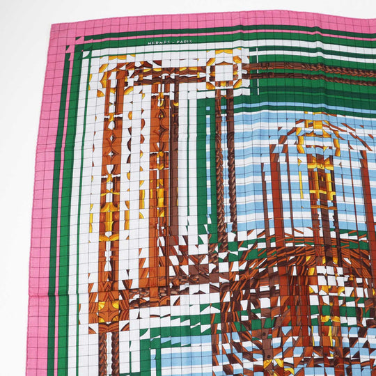 HERMES scarf silk Rose Bonbon/Emerald Carre140 Caregean coaching deja vu Women Used Authentic