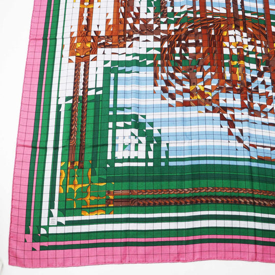 HERMES scarf silk Rose Bonbon/Emerald Carre140 Caregean coaching deja vu Women Used Authentic