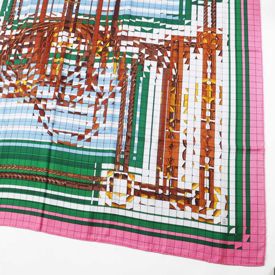 HERMES scarf silk Rose Bonbon/Emerald Carre140 Caregean coaching deja vu Women Used Authentic