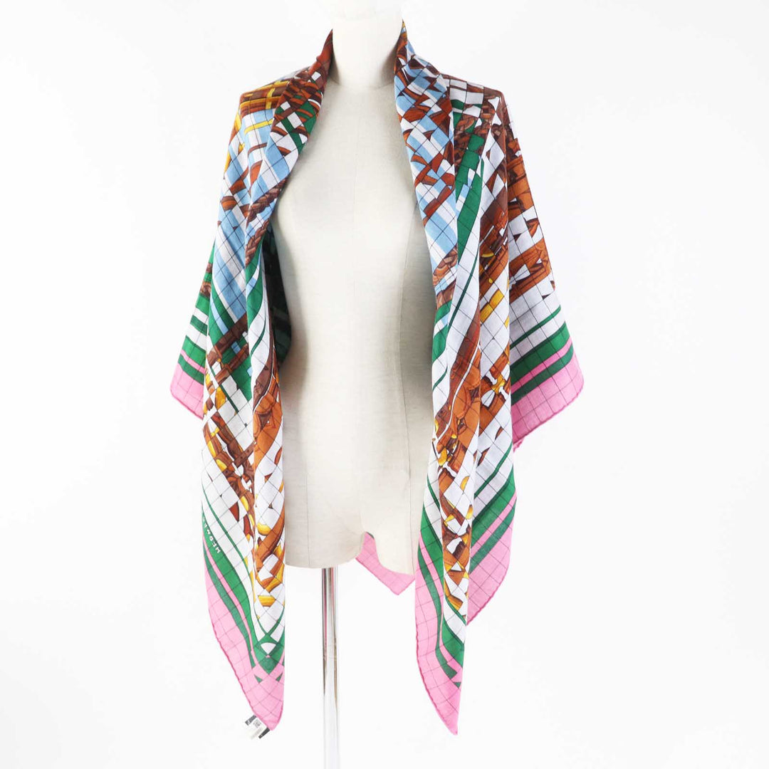 HERMES scarf silk Rose Bonbon/Emerald Carre140 Caregean coaching deja vu Women Used Authentic