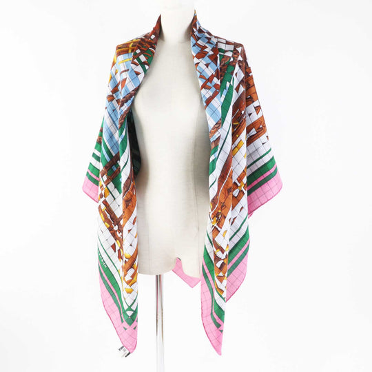 HERMES scarf silk Rose Bonbon/Emerald Carre140 Caregean coaching deja vu Women Used Authentic