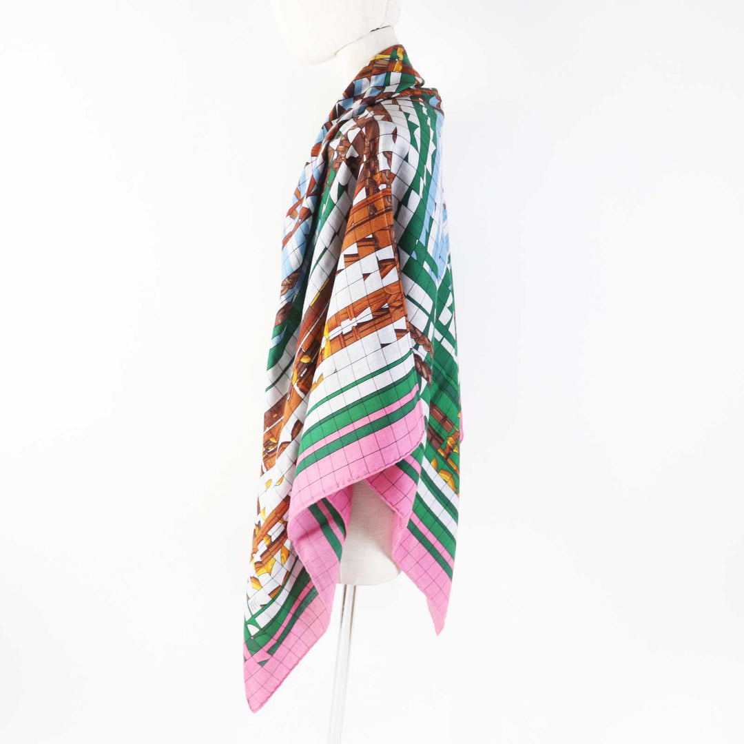 HERMES scarf silk Rose Bonbon/Emerald Carre140 Caregean coaching deja vu Women Used Authentic