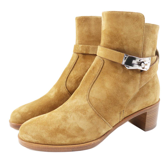 HERMES short boots Veau Velour (Suede Leather) Brown beige Frenchie 50 Women 35 1/2 Used Authentic
