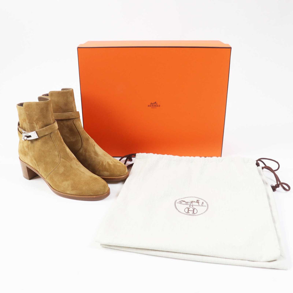 HERMES short boots Veau Velour (Suede Leather) Brown beige Frenchie 50 Women 35 1/2 Used Authentic