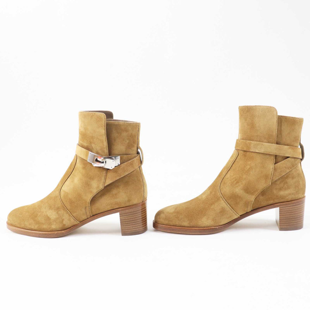 HERMES short boots Veau Velour (Suede Leather) Brown beige Frenchie 50 Women 35 1/2 Used Authentic