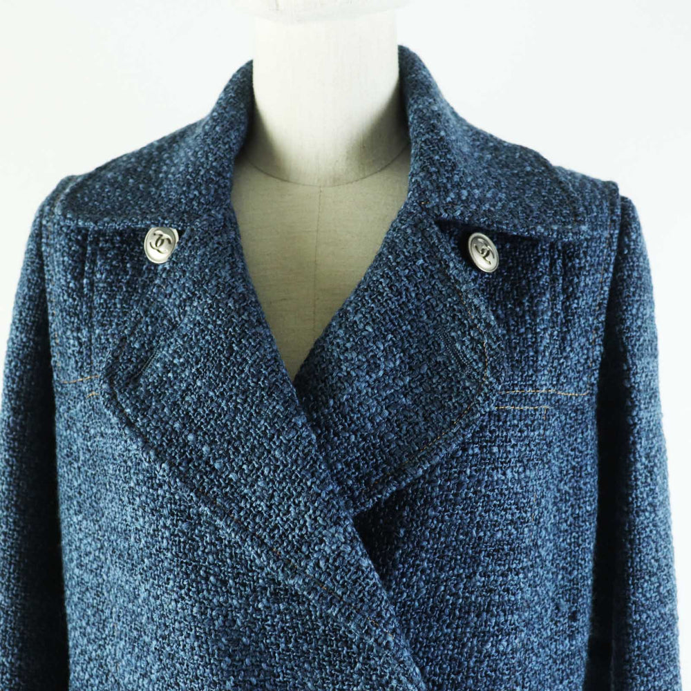 CHANEL coat P39399 Outer: 61% wool, Outer: 27% acrylic, Outer: 12% polyester, Lining: 100% silk blue Women 38 Used Authentic