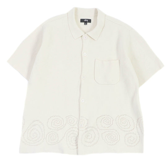 STUSSY Short sleeve shirt Main: 100% cotton Ivory Perforated Swirl Knit Shirt mens M Used Authentic
