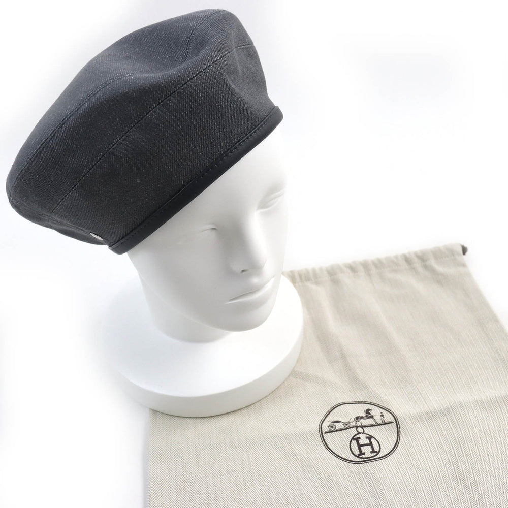 HERMES beret Outer: 100% cotton, Lining: 65% rayon, Lining: 35% silk, Leather part: cowhide gray Saint Honor Women 58 Used Authentic