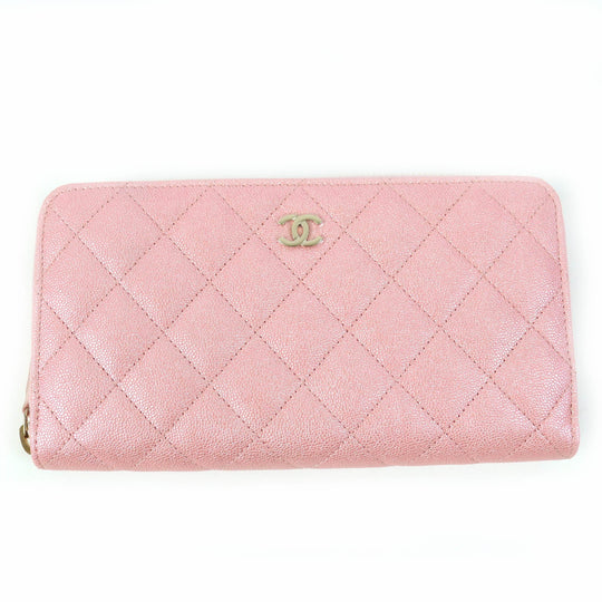 CHANEL Long Wallet Purse AP0242 Main: Caviar skin Metallic pink Classic Long Zip Wallet Women Used Authentic