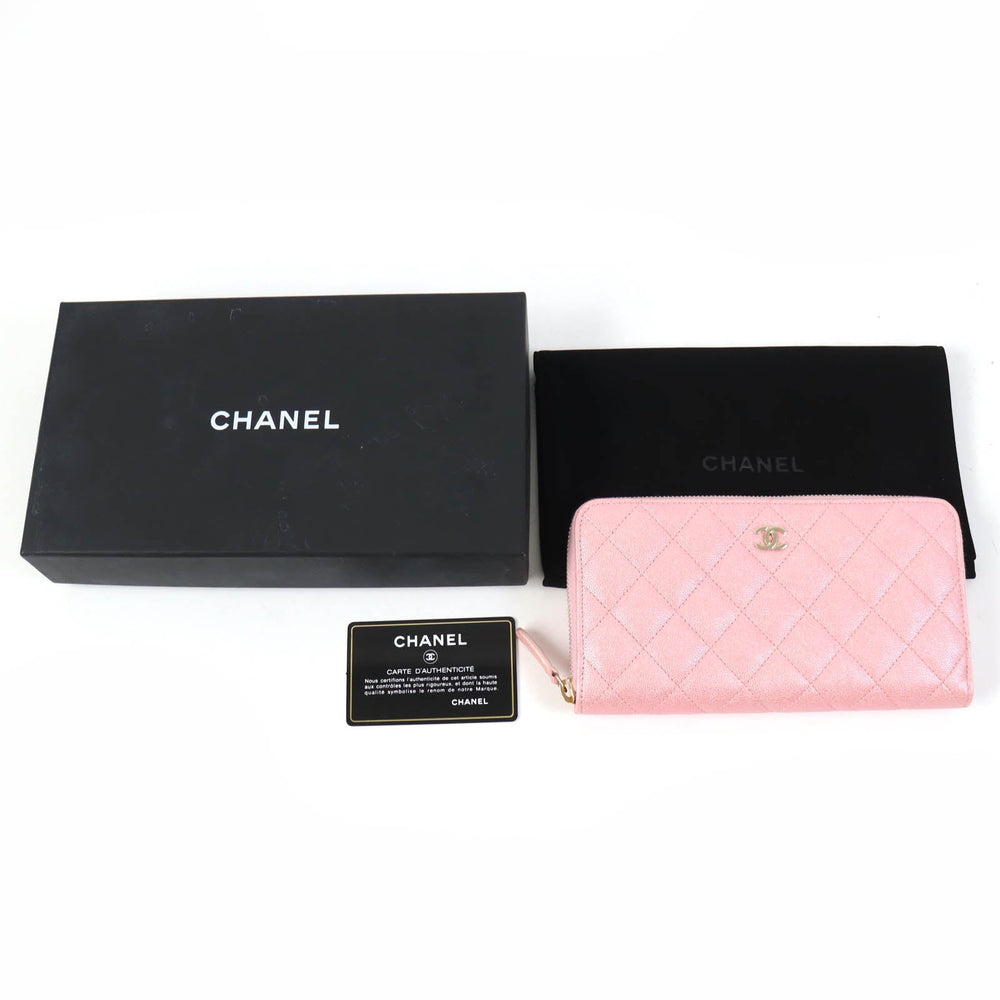 CHANEL Long Wallet Purse AP0242 Main: Caviar skin Metallic pink Classic Long Zip Wallet Women Used Authentic
