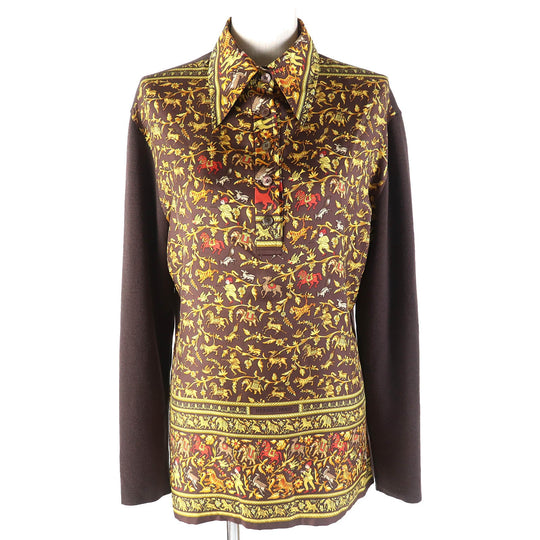 HERMES tops Main: 100% silk, Main: 100% wool Dark Brown Yellow Women S Used Authentic