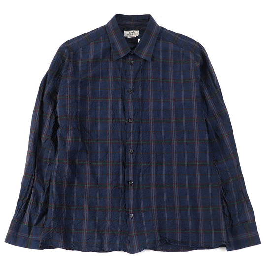 HERMES Long sleeve shirt Main: 100% silk Navy type Check Pattern mens 44|17 1/2 Used Authentic