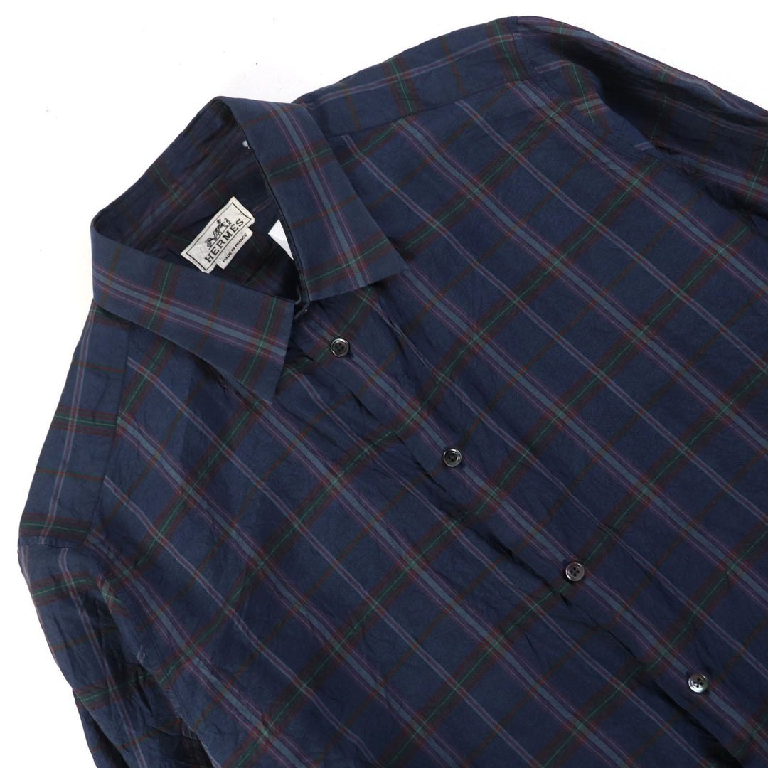 HERMES Long sleeve shirt Main: 100% silk Navy type Check Pattern mens 44|17 1/2 Used Authentic