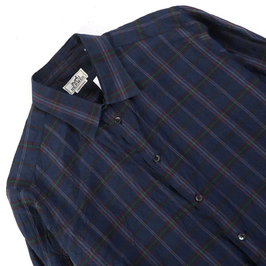HERMES Long sleeve shirt Main: 100% silk Navy type Check Pattern mens 44|17 1/2 Used Authentic