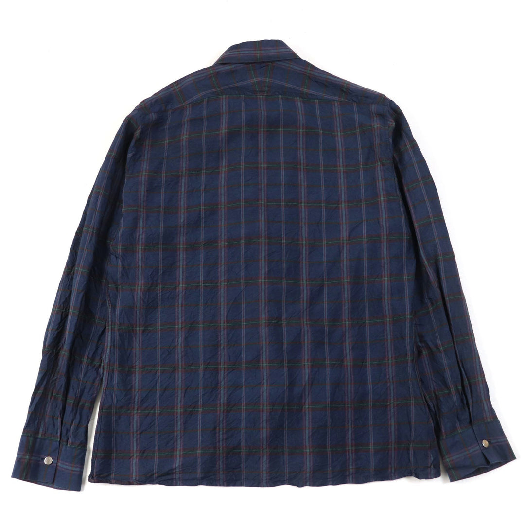 HERMES Long sleeve shirt Main: 100% silk Navy type Check Pattern mens 44|17 1/2 Used Authentic