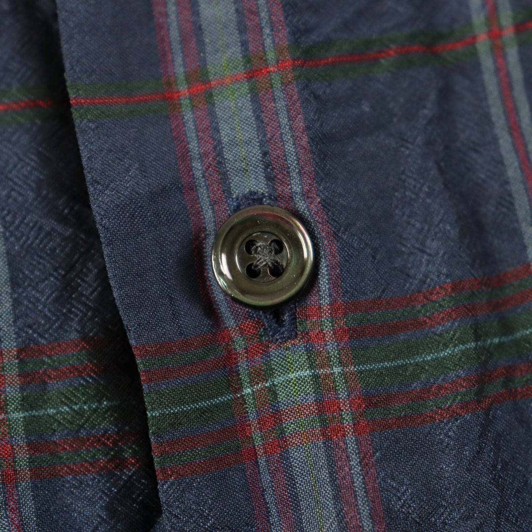 HERMES Long sleeve shirt Main: 100% silk Navy type Check Pattern mens 44|17 1/2 Used Authentic