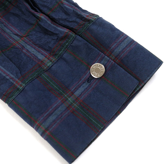 HERMES Long sleeve shirt Main: 100% silk Navy type Check Pattern mens 44|17 1/2 Used Authentic