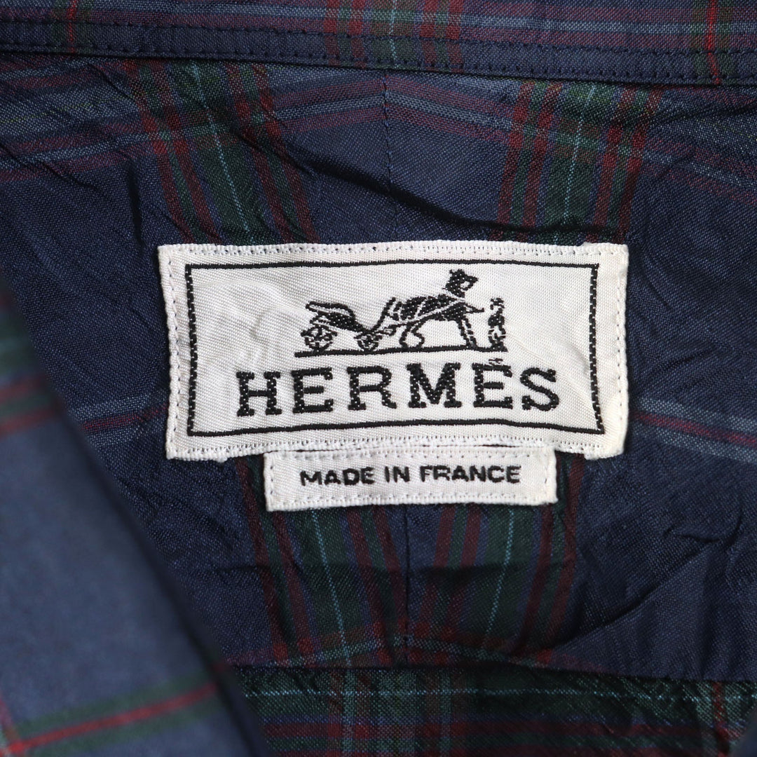 HERMES Long sleeve shirt Main: 100% silk Navy type Check Pattern mens 44|17 1/2 Used Authentic