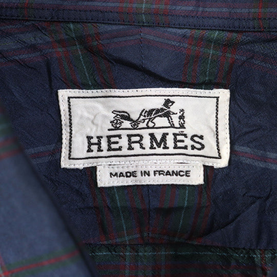 HERMES Long sleeve shirt Main: 100% silk Navy type Check Pattern mens 44|17 1/2 Used Authentic