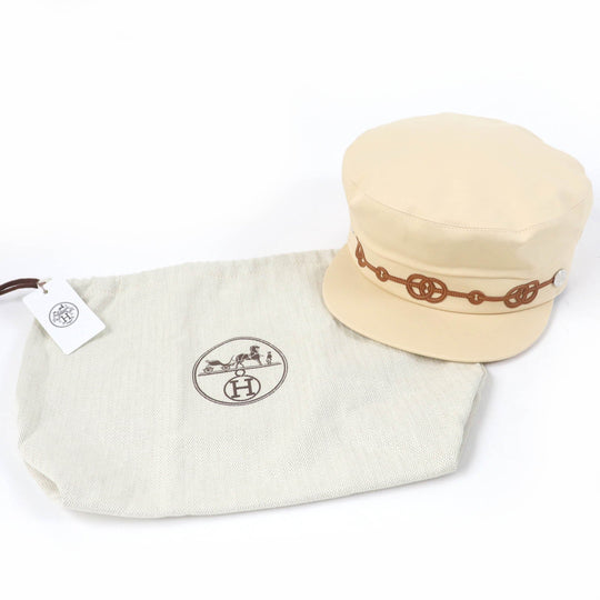 HERMES Casquette Main: 96% cotton, Main: 4% polyurethane, Part: sheep leather, Lining: 65% rayon, Lining: 35% silk beige Kabul Cricket Women 56 Used Authentic