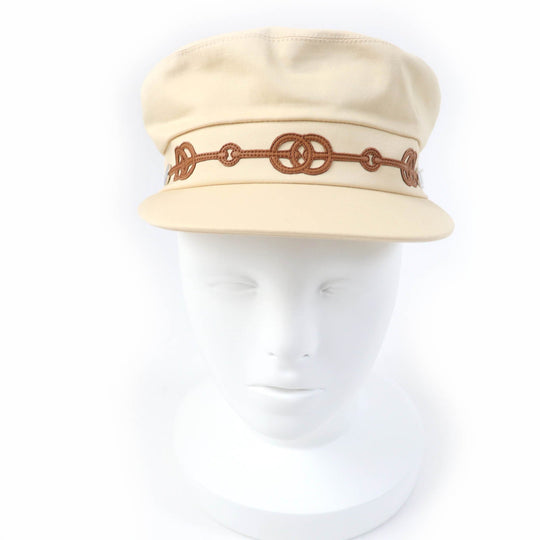 HERMES Casquette Main: 96% cotton, Main: 4% polyurethane, Part: sheep leather, Lining: 65% rayon, Lining: 35% silk beige Kabul Cricket Women 56 Used Authentic