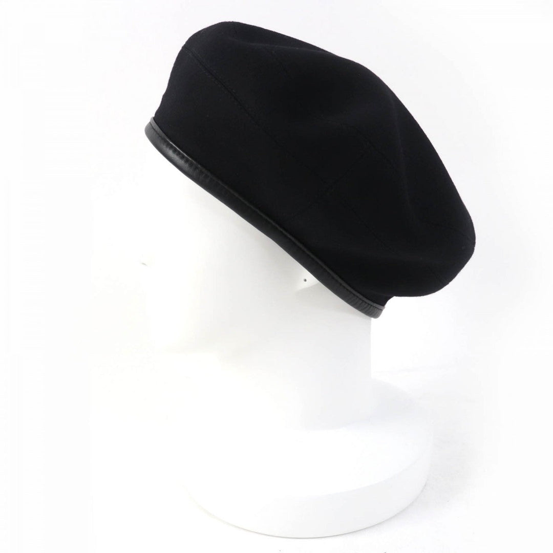 HERMES beret Main: 100% cashmere, Part: Lamb leather, Lining: 65% rayon, Lining: 35% silk black Women 58 Used Authentic
