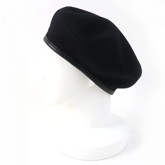 HERMES beret Main: 100% cashmere, Part: Lamb leather, Lining: 65% rayon, Lining: 35% silk black Women 58 Used Authentic