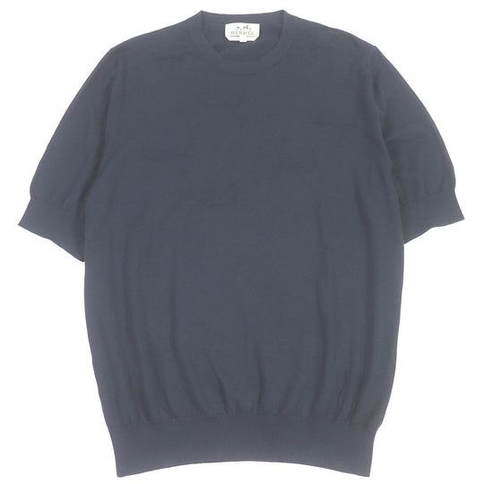 HERMES Short sleeve knit Main: 90% cotton, Main: 10% cashmere Navy mens L Used Authentic