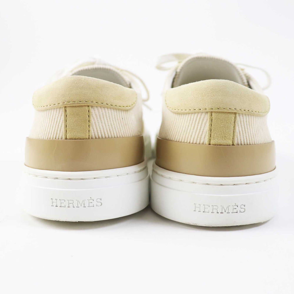 HERMES sneakers 222189Z Suede Leather, Rubber, Corduroy Beige white DEEP Women 38 1/2 Used Authentic