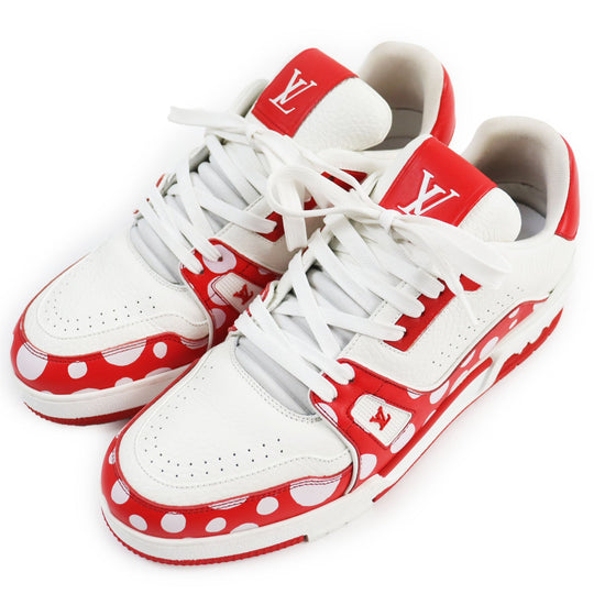 LOUIS VUITTON Low cut sneakers Main: Leather White red LV trainer line mens 8 1/2 Used Authentic