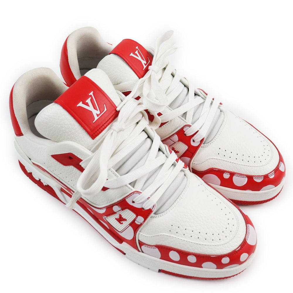 LOUIS VUITTON Low cut sneakers Main: Leather White red LV trainer line mens 8 1/2 Used Authentic
