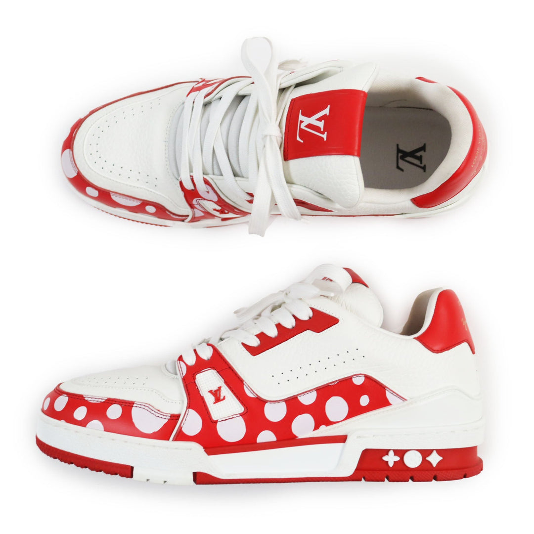 LOUIS VUITTON Low cut sneakers Main: Leather White red LV trainer line mens 8 1/2 Used Authentic