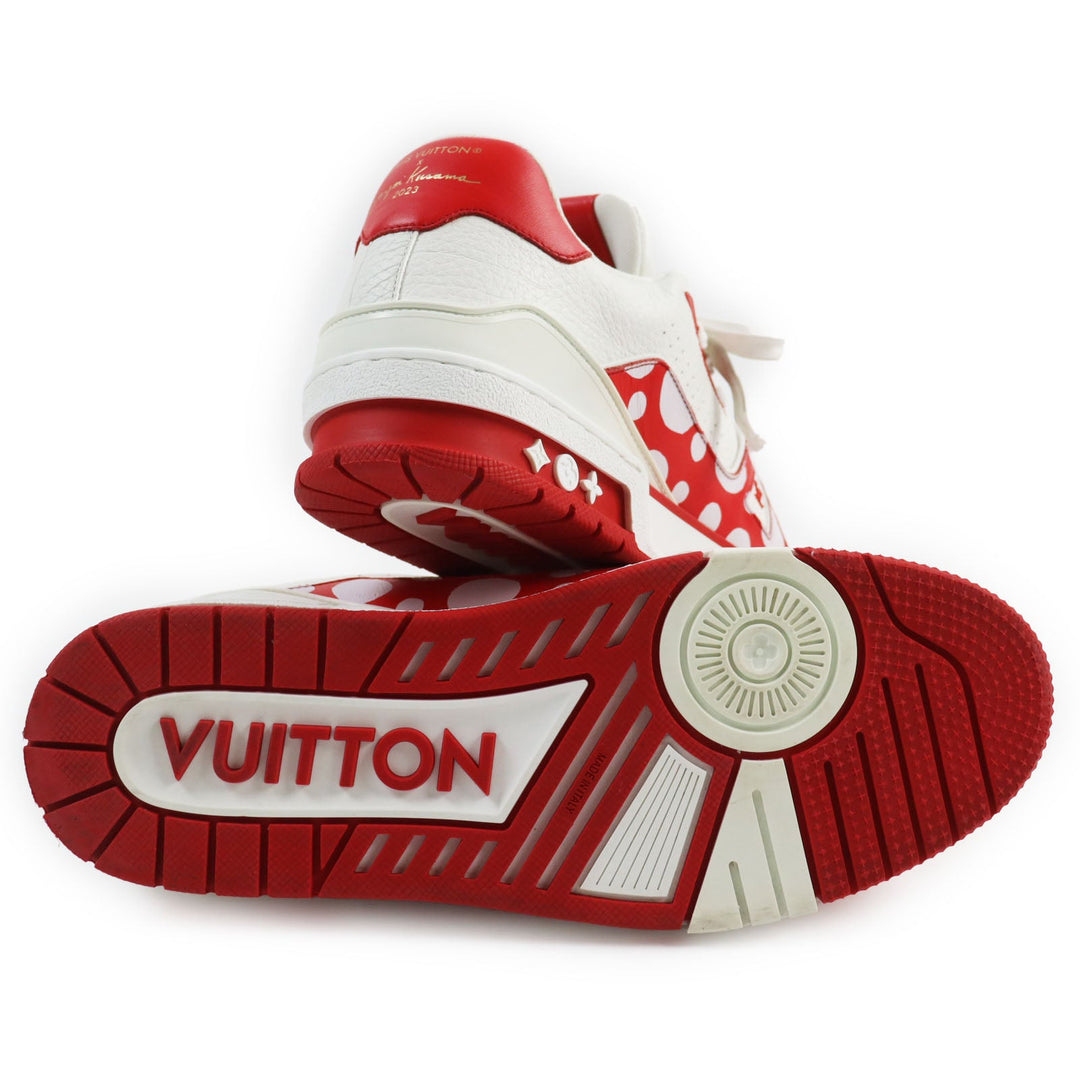 LOUIS VUITTON Low cut sneakers Main: Leather White red LV trainer line mens 8 1/2 Used Authentic