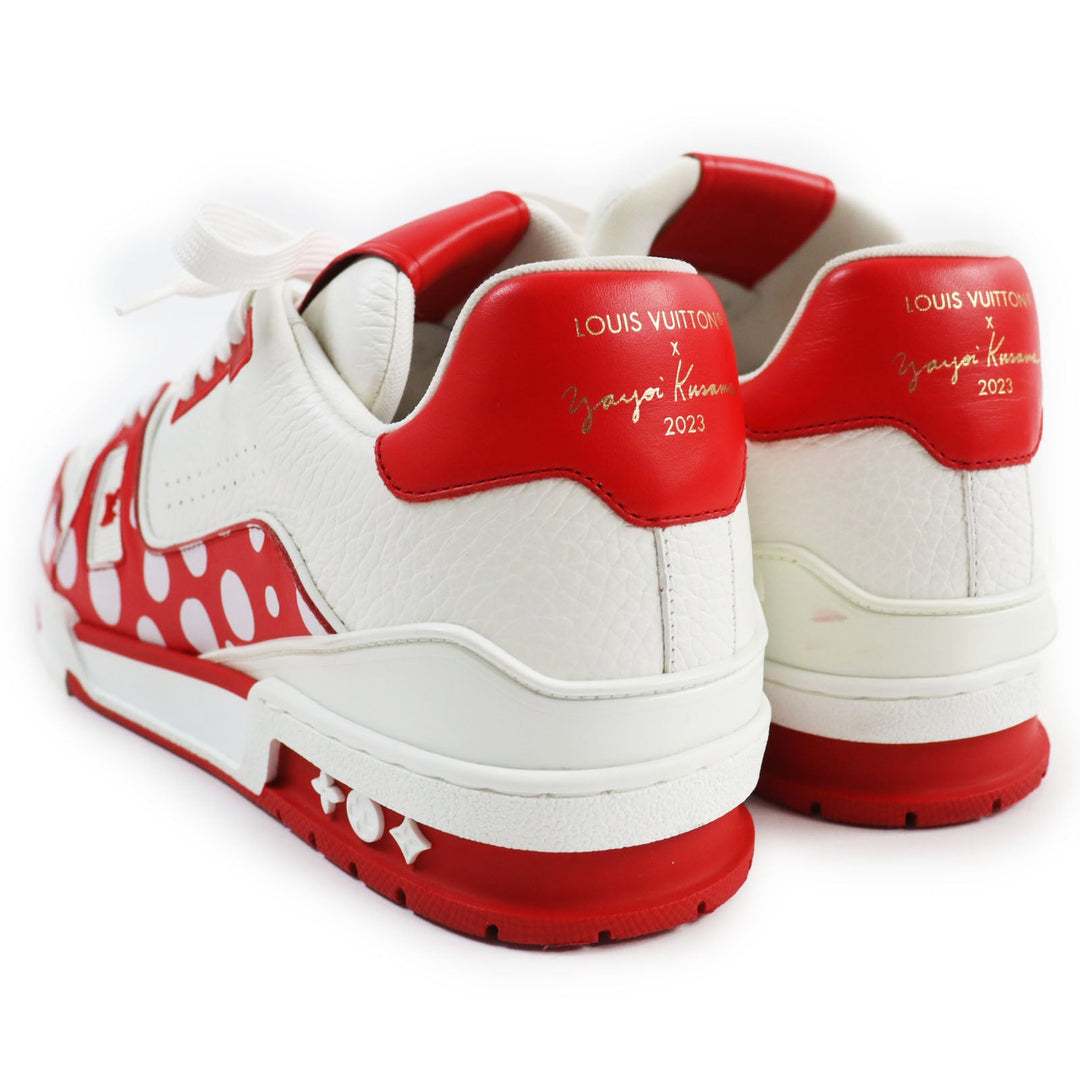 LOUIS VUITTON Low cut sneakers Main: Leather White red LV trainer line mens 8 1/2 Used Authentic