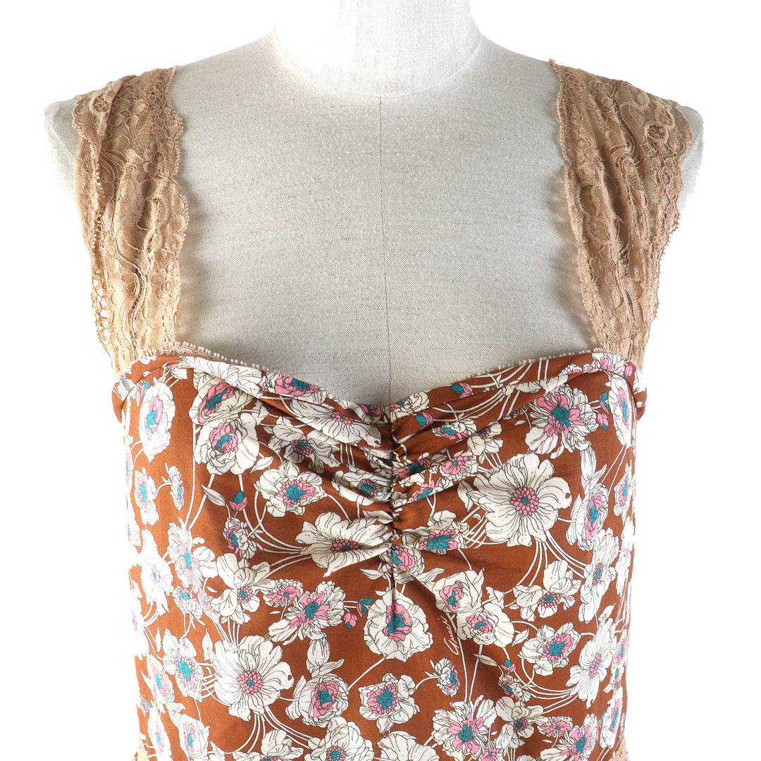 GUCCI one piece 704249 ZAJKH Main: 100% cotton, Decoration: 100% nylon, Decoration 2: 80% cotton, 20% nylon, Inner dress: 76% acetate, 24% silk Brown multicolor Women 42 Used Authentic