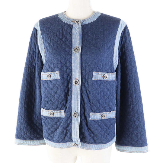 CHANEL No color jacket 20P P63016 Outer material: 82% cotton, Outer material: 15% viscose (rayon), Outer material: 3% polyester, Part: 100% cotton Navy light blue Women 34 Used Authentic
