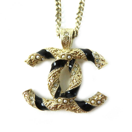 CHANEL Necklace A21C Metal.Faux pearl.Rhinestone Gold black Women Used Authentic