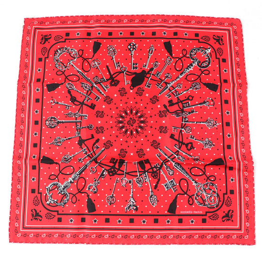 HERMES scarf silk Rouge Noir Blanc Carre55 LES CLES Les Cls Key Women Used Authentic