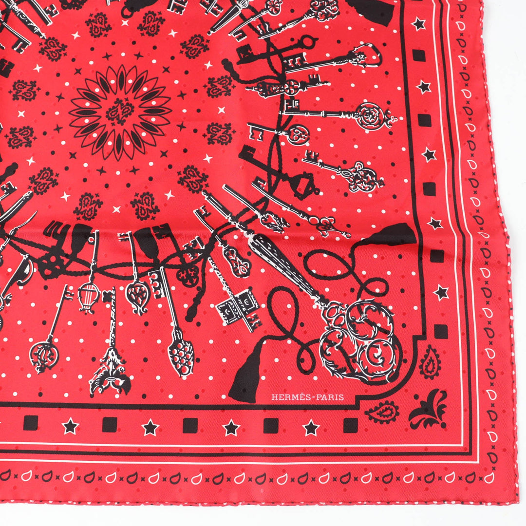 HERMES scarf silk Rouge Noir Blanc Carre55 LES CLES Les Cls Key Women Used Authentic