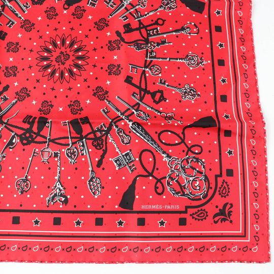 HERMES scarf silk Rouge Noir Blanc Carre55 LES CLES Les Cls Key Women Used Authentic