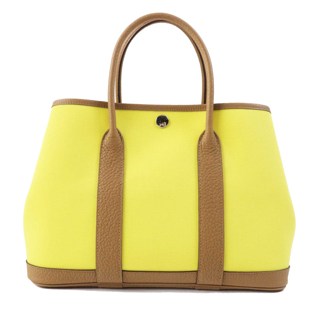 HERMES Handbag Toile Officier Negonda Lime Biscuit Garden party TPM 30 Women Used Authentic